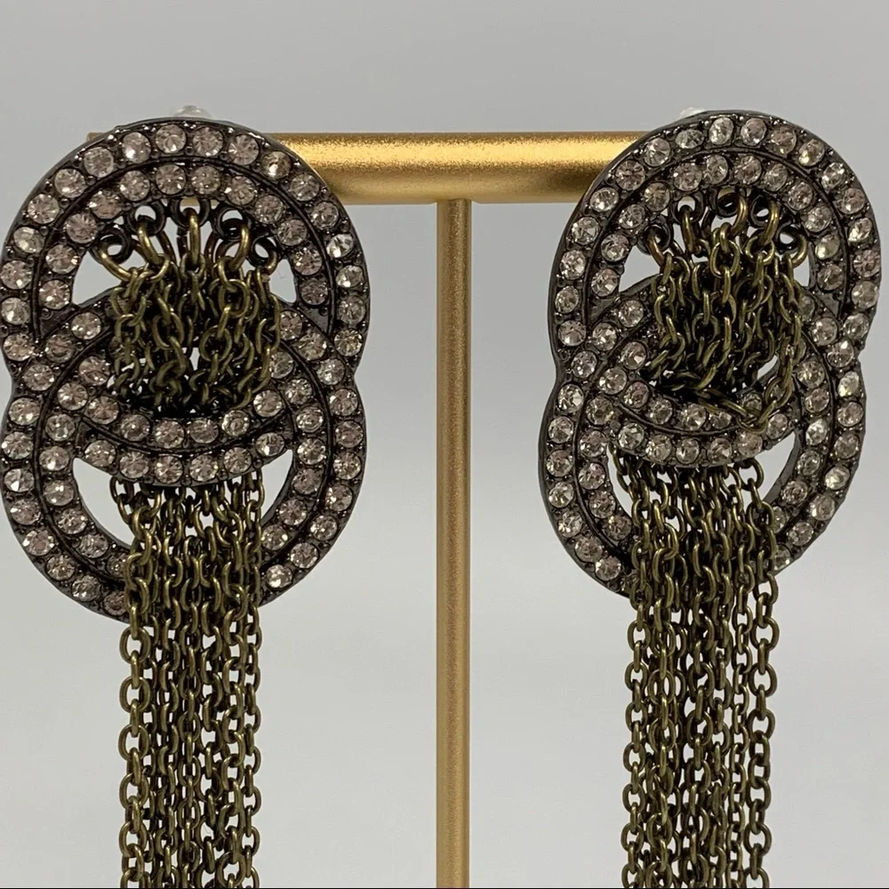 Antiqued Metal Rhinestone & Chain Dangle Long Statement Earrings